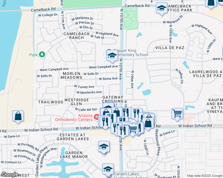 map of restaurants, bars, coffee shops, grocery stores, and more near 10730 W Montecito Ave in Phoenix