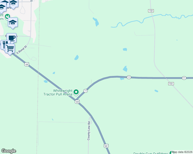 map of restaurants, bars, coffee shops, grocery stores, and more near 15188 Highway 11 in Whitewright