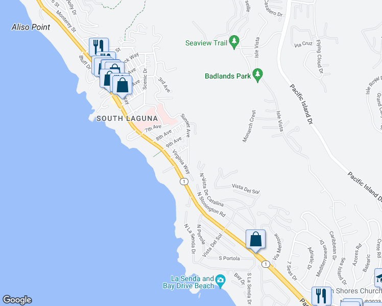 map of restaurants, bars, coffee shops, grocery stores, and more near 31962 Sunset Avenue in Laguna Beach