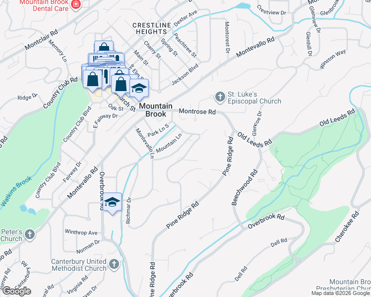 map of restaurants, bars, coffee shops, grocery stores, and more near 3622 Mountain Park Drive in Birmingham