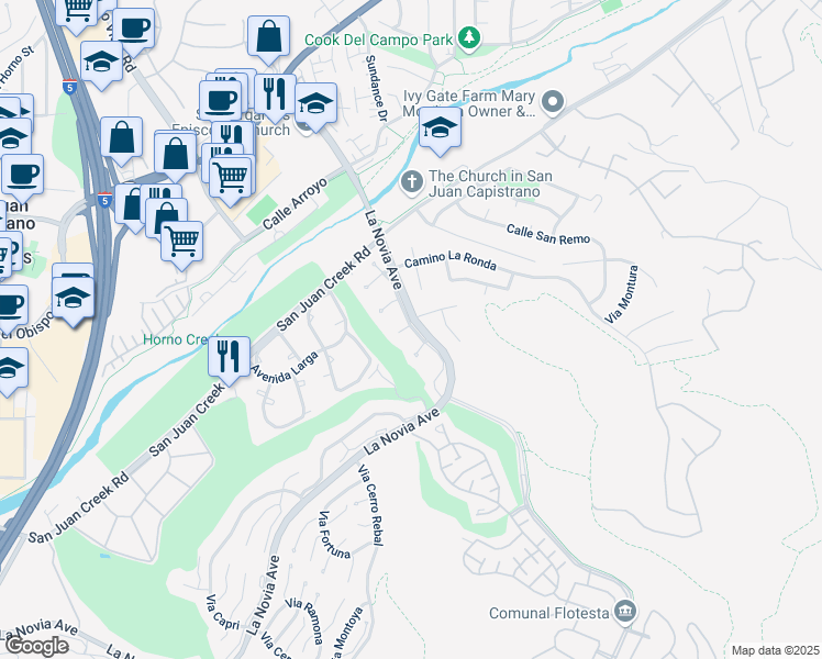 map of restaurants, bars, coffee shops, grocery stores, and more near 31971 Via Flores in San Juan Capistrano