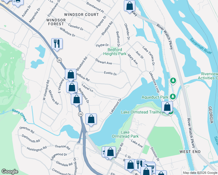 map of restaurants, bars, coffee shops, grocery stores, and more near 2314 Woodbine Road in Augusta