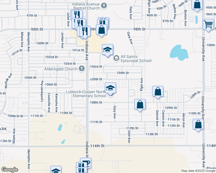 map of restaurants, bars, coffee shops, grocery stores, and more near 10510 Geneva Avenue in Lubbock