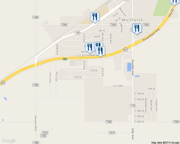 map of restaurants, bars, coffee shops, grocery stores, and more near 721 11th Street in Wolfforth