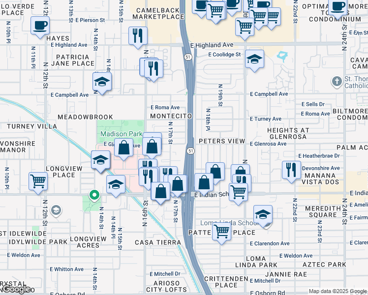 map of restaurants, bars, coffee shops, grocery stores, and more near 1735 East Glenrosa Avenue in Phoenix