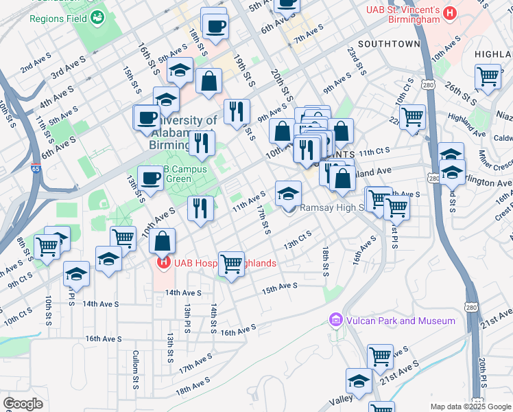 map of restaurants, bars, coffee shops, grocery stores, and more near 1637 11th Avenue South in Birmingham