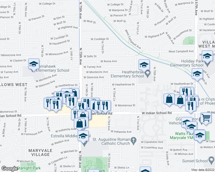 map of restaurants, bars, coffee shops, grocery stores, and more near 7302 West Heatherbrae Drive in Phoenix