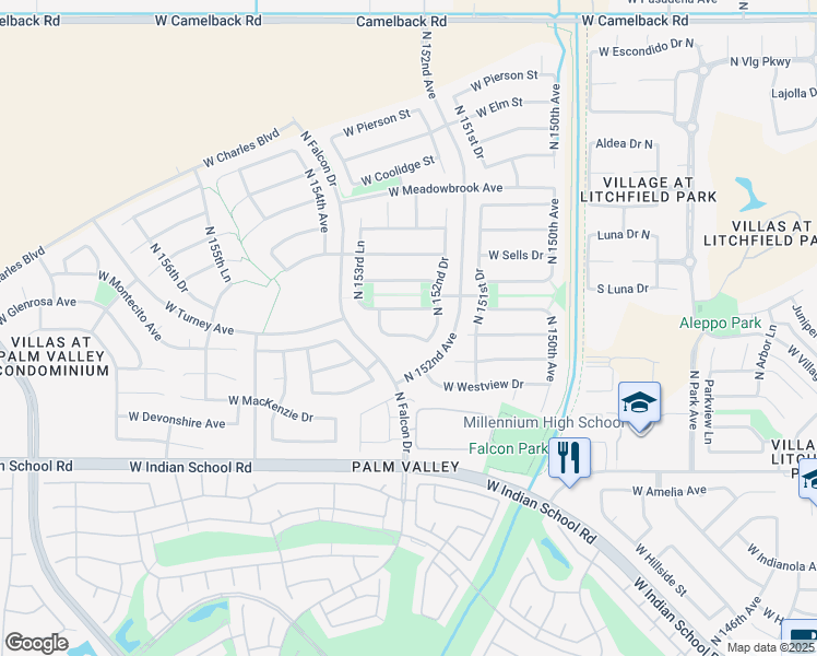 map of restaurants, bars, coffee shops, grocery stores, and more near 15310 West Montecito Avenue in Goodyear