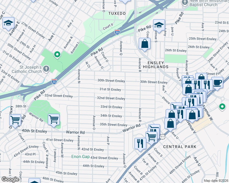 map of restaurants, bars, coffee shops, grocery stores, and more near 1615 31st Street Ensley in Birmingham
