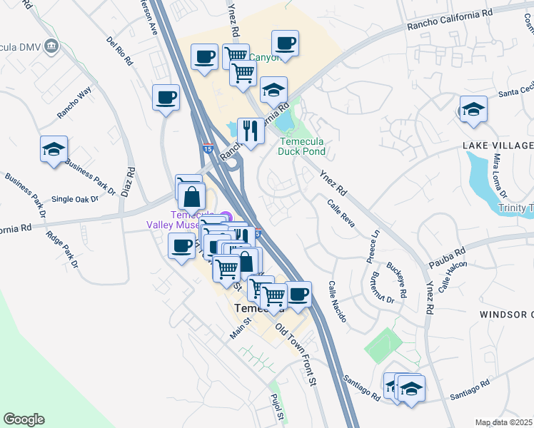 map of restaurants, bars, coffee shops, grocery stores, and more near 28057 Calle Casera in Temecula