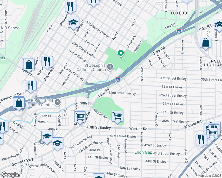 map of restaurants, bars, coffee shops, grocery stores, and more near 1100 32nd Street Ensley in Birmingham
