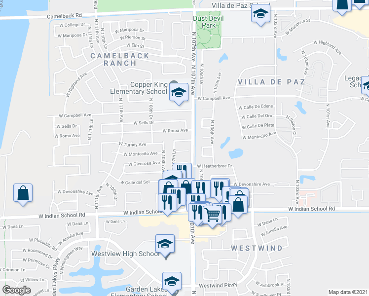 map of restaurants, bars, coffee shops, grocery stores, and more near 10716 West Montecito Avenue in Phoenix