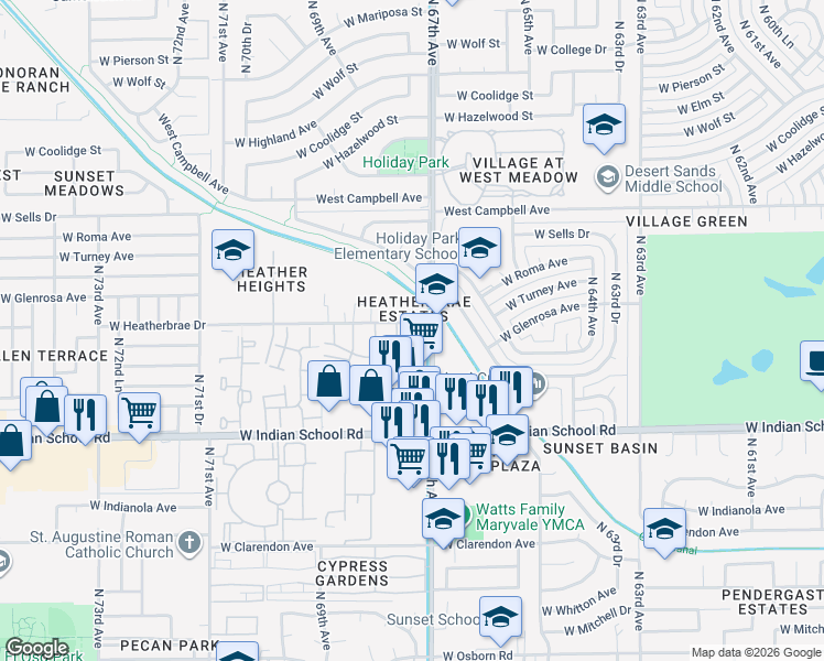 map of restaurants, bars, coffee shops, grocery stores, and more near 4255 North 67th Lane in Phoenix