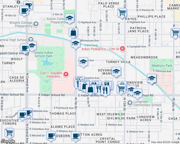 map of restaurants, bars, coffee shops, grocery stores, and more near 920 East Devonshire Avenue in Phoenix