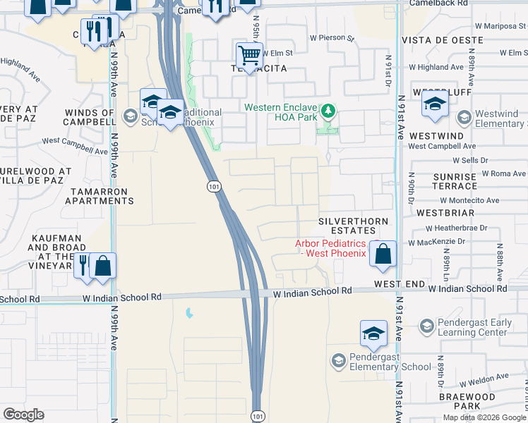 map of restaurants, bars, coffee shops, grocery stores, and more near West Indian School Road in Phoenix