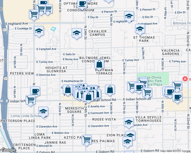 map of restaurants, bars, coffee shops, grocery stores, and more near 4242-4250 North 25th Street in Phoenix