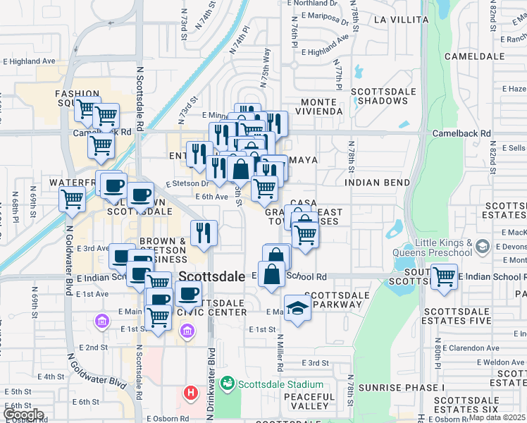 map of restaurants, bars, coffee shops, grocery stores, and more near 4300 노스 76번가 in Scottsdale