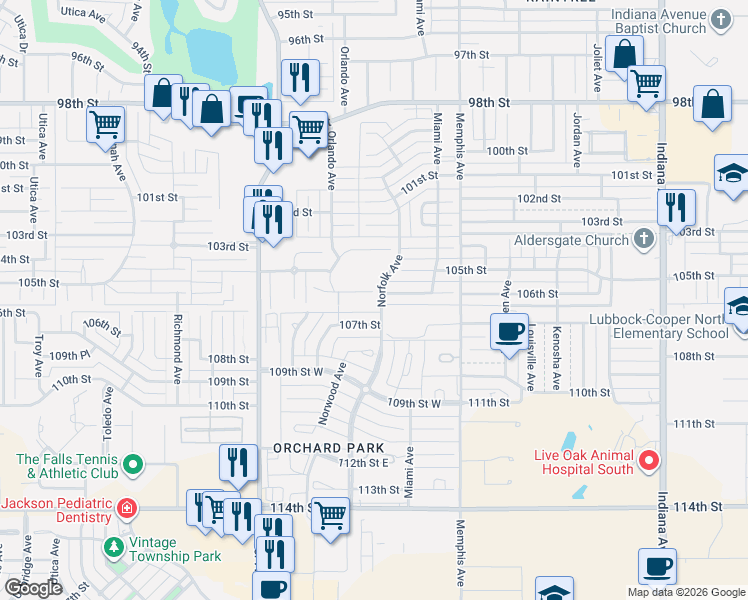 map of restaurants, bars, coffee shops, grocery stores, and more near 3913 106th Street in Lubbock