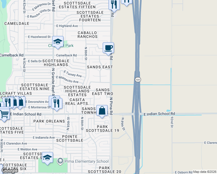 map of restaurants, bars, coffee shops, grocery stores, and more near 4302 North 87th Place in Scottsdale
