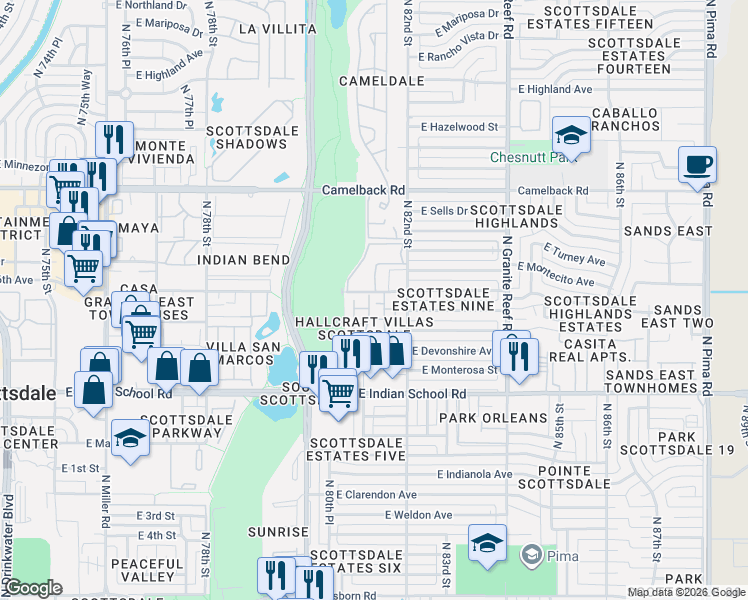 map of restaurants, bars, coffee shops, grocery stores, and more near 4279 North 81st Street in Scottsdale