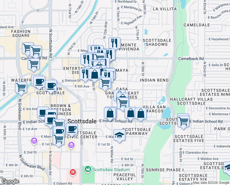 map of restaurants, bars, coffee shops, grocery stores, and more near 4273 North Miller Road in Scottsdale