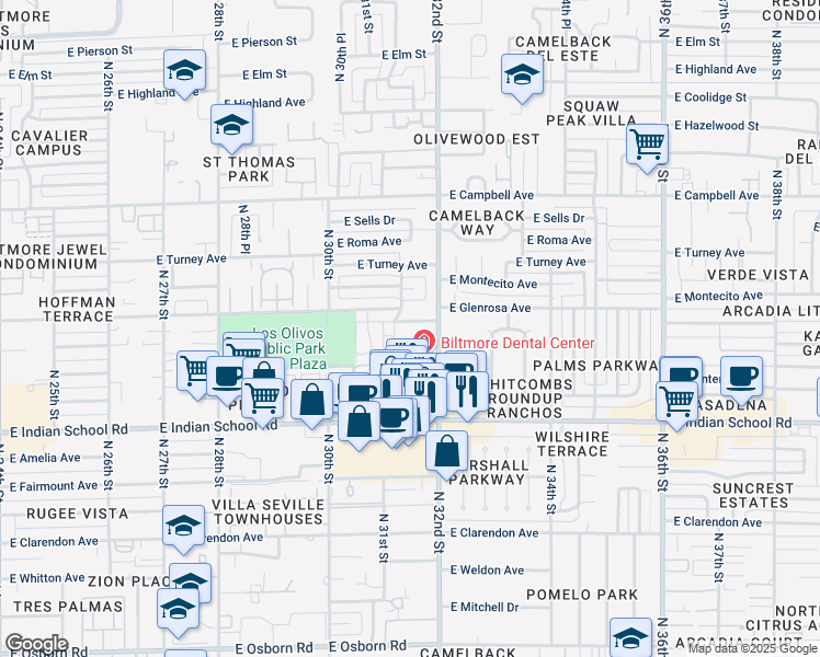 map of restaurants, bars, coffee shops, grocery stores, and more near 3139 East Glenrosa Avenue in Phoenix