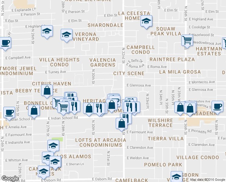 map of restaurants, bars, coffee shops, grocery stores, and more near 3139 East Glenrosa Avenue in Phoenix