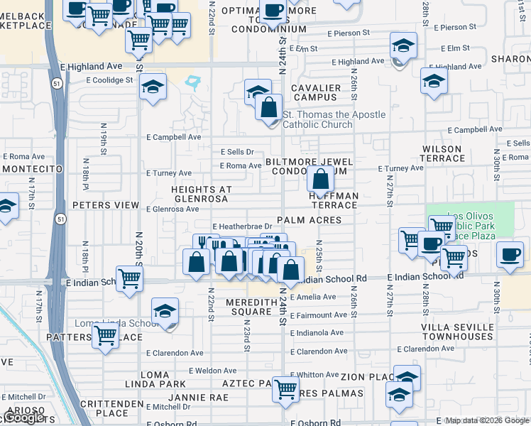 map of restaurants, bars, coffee shops, grocery stores, and more near 2308 East Heatherbrae Drive in Phoenix