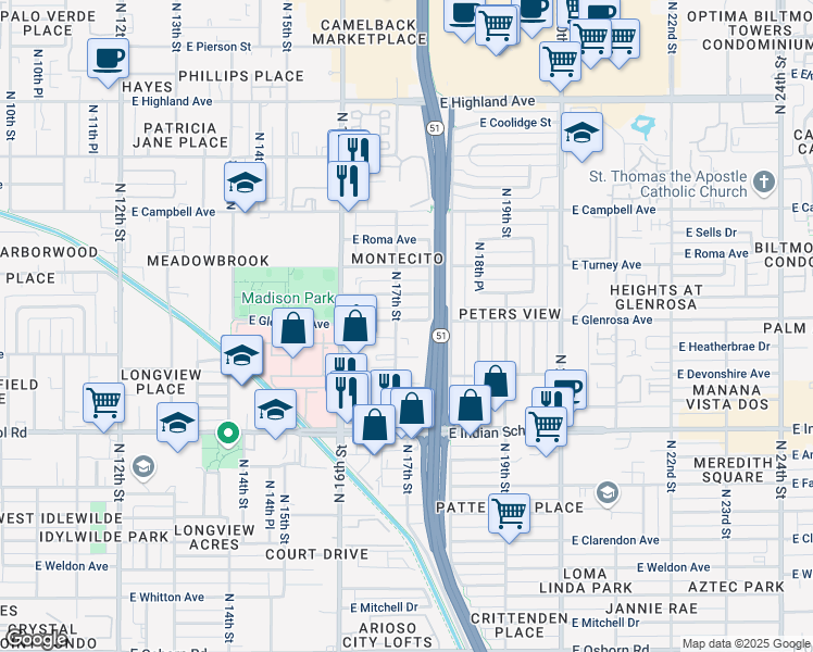 map of restaurants, bars, coffee shops, grocery stores, and more near 4242 North 17th Street in Phoenix