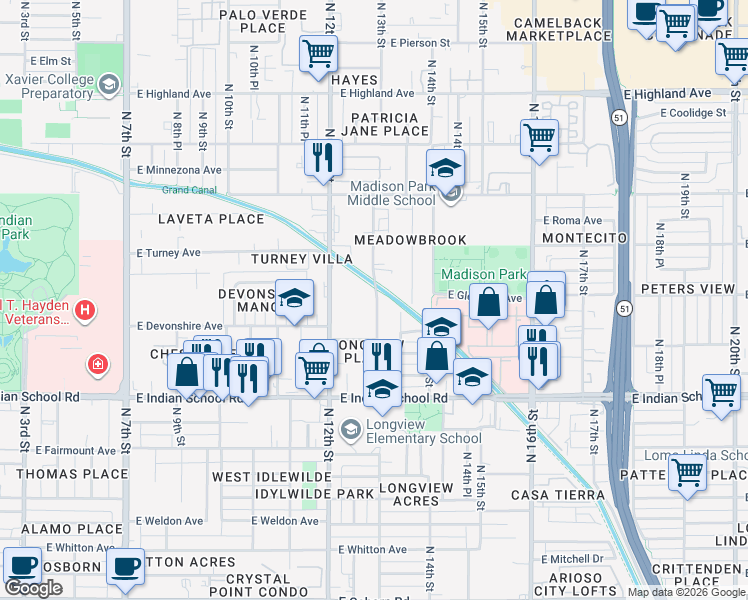 map of restaurants, bars, coffee shops, grocery stores, and more near 4252 North Longview Avenue in Phoenix