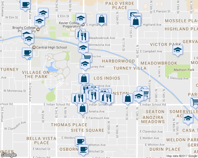 map of restaurants, bars, coffee shops, grocery stores, and more near 920 East Devonshire Avenue in Phoenix