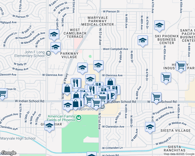 map of restaurants, bars, coffee shops, grocery stores, and more near 4222 North 51st Avenue in Phoenix