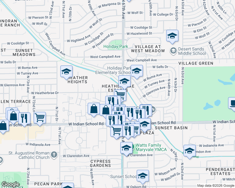 map of restaurants, bars, coffee shops, grocery stores, and more near 4255 North 67th Lane in Phoenix