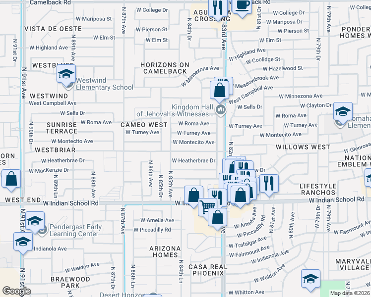 map of restaurants, bars, coffee shops, grocery stores, and more near 8411 West Glenrosa Avenue in Phoenix