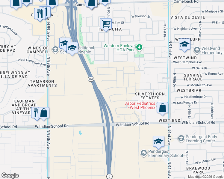 map of restaurants, bars, coffee shops, grocery stores, and more near West Indian School Road in Phoenix