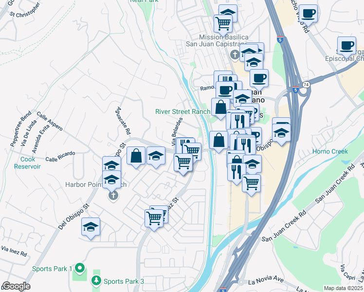 map of restaurants, bars, coffee shops, grocery stores, and more near 31982 Via Belardes in San Juan Capistrano
