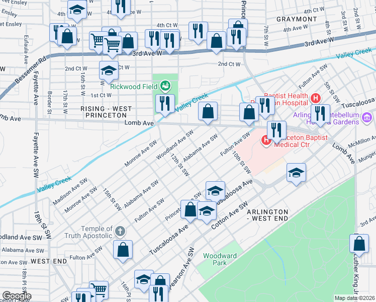 map of restaurants, bars, coffee shops, grocery stores, and more near 1128 Alabama Avenue Southwest in Birmingham