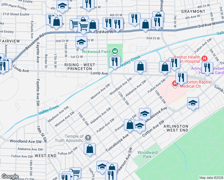 map of restaurants, bars, coffee shops, grocery stores, and more near 300 12th Street Southwest in Birmingham