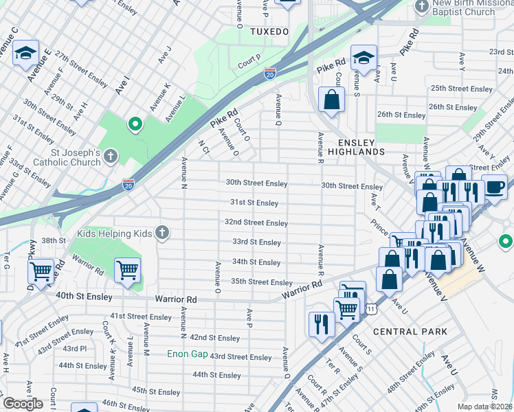 map of restaurants, bars, coffee shops, grocery stores, and more near 1615 31st Street Ensley in Birmingham