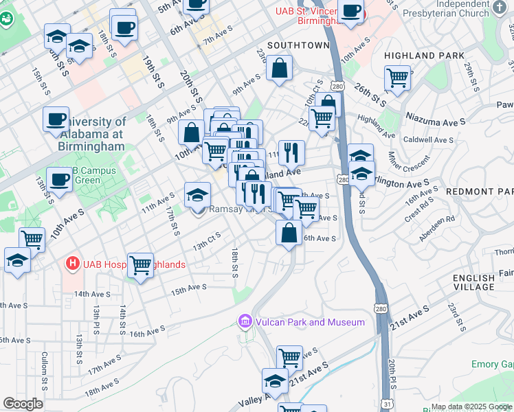 map of restaurants, bars, coffee shops, grocery stores, and more near 20th Street South in Birmingham