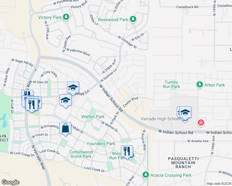 map of restaurants, bars, coffee shops, grocery stores, and more near 4655 North 204th Avenue in Buckeye