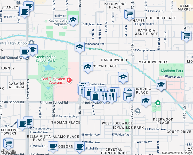 map of restaurants, bars, coffee shops, grocery stores, and more near 920 East Devonshire Avenue in Phoenix
