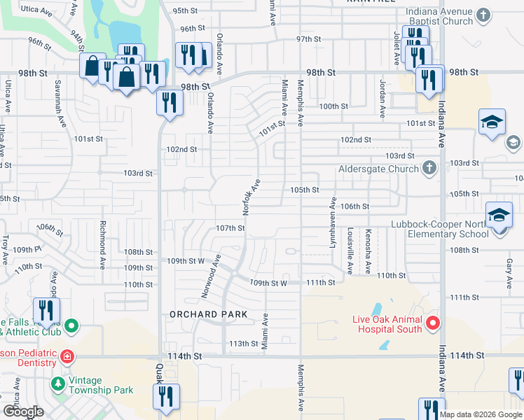 map of restaurants, bars, coffee shops, grocery stores, and more near 3907 106th Street in Lubbock