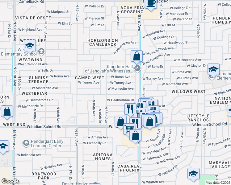 map of restaurants, bars, coffee shops, grocery stores, and more near 8411 West Glenrosa Avenue in Phoenix