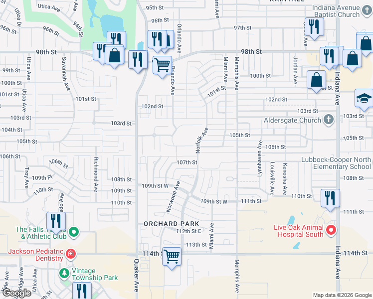 map of restaurants, bars, coffee shops, grocery stores, and more near 4010 107th St in Lubbock