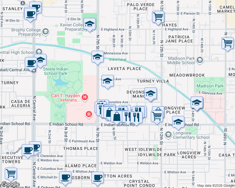 map of restaurants, bars, coffee shops, grocery stores, and more near 920 East Devonshire Avenue in Phoenix