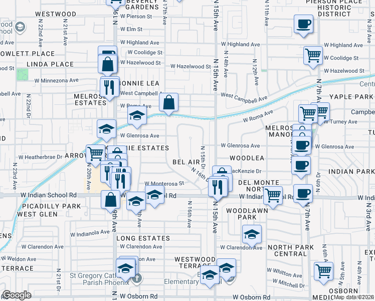 map of restaurants, bars, coffee shops, grocery stores, and more near 4230 North 16th Avenue in Phoenix