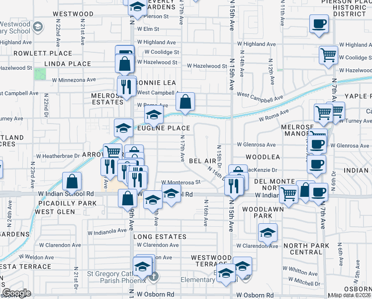 map of restaurants, bars, coffee shops, grocery stores, and more near 4220 North 16th Drive in Phoenix