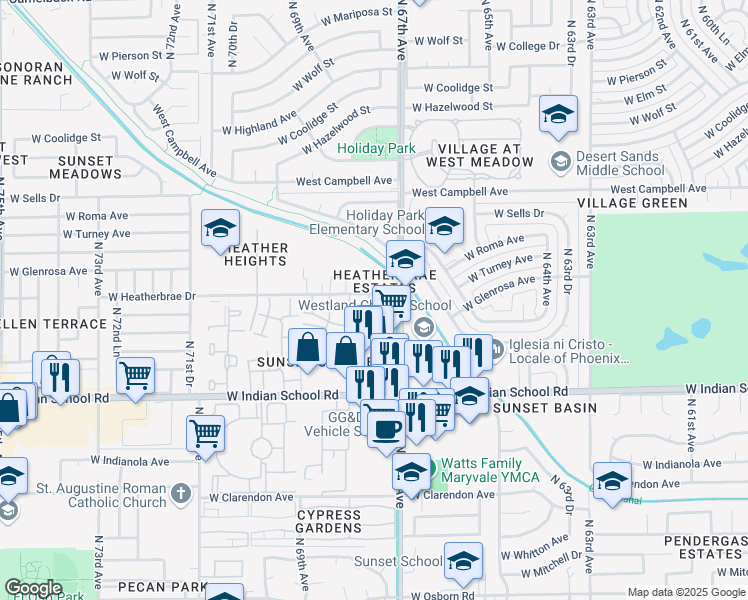 map of restaurants, bars, coffee shops, grocery stores, and more near 4263 North 67th Lane in Phoenix