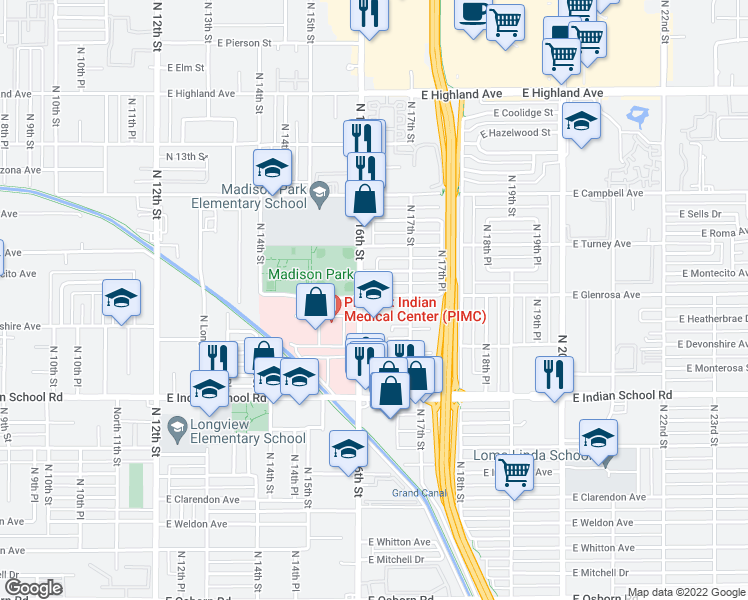 map of restaurants, bars, coffee shops, grocery stores, and more near 4249 North 16th Street in Phoenix